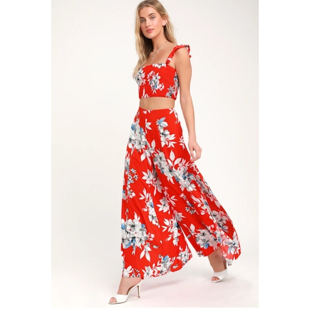 NWT Lulus All Abloom Red Orange Floral Print Two-Piece Jumpsuit Size: MED